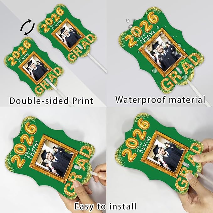 Personalized Graduation Double Sided Face Fan Class of 2026 Customized Graduation Head Face Cutout with Handle Fun Photo Prop Supplies(A-Green and Gold,12pcs)