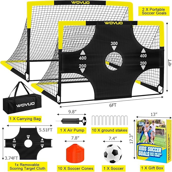 Kids Soccer Goals for Backyard Set of 2, 6x4 ft Portable Toddler Soccer Goal Training Equipment with Soccer Target, Ball, Cones, Soccer Net for Kids Age 3-5 6-8 8-12 10-12-14 Outdoor Sports Games Gift