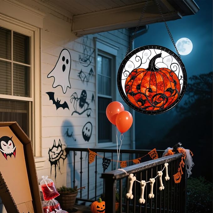 Stained Glass Window Hanging - Halloween Red White Scary Pumpkin Suncatcher for Doors Garden Home Spooky Rattan Sun Catchers Gothic Decor Horror Gifts for Women Men Friend Boy Girl 15 in