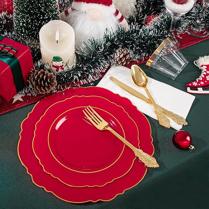 Liacere 175PCS Red Plastic Plates - Red Disposable Plates With Gold Rim -25Guest Baroque Plastic Dinnerware include 50Plates-25Pack Pre Rolled Napkins with Silverware 25Cups for Valentine's Day