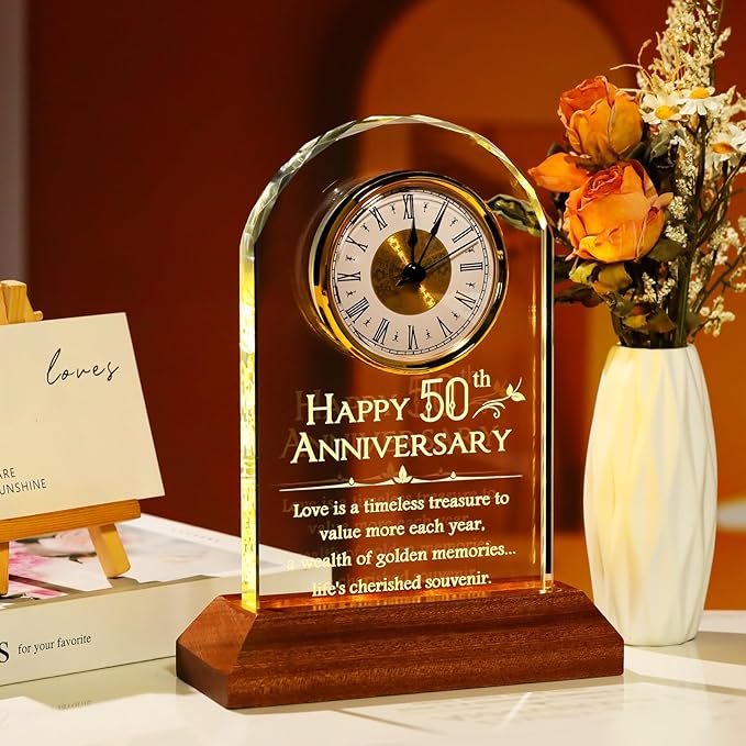 YWHL 50th Wedding Anniversary Clock Gifts for Parents Grandparents, 50 Years Anniversary Couple Gifts, Glass Table Clock Presents with Wooden Light Base for Home Decoration (Battery not Included)