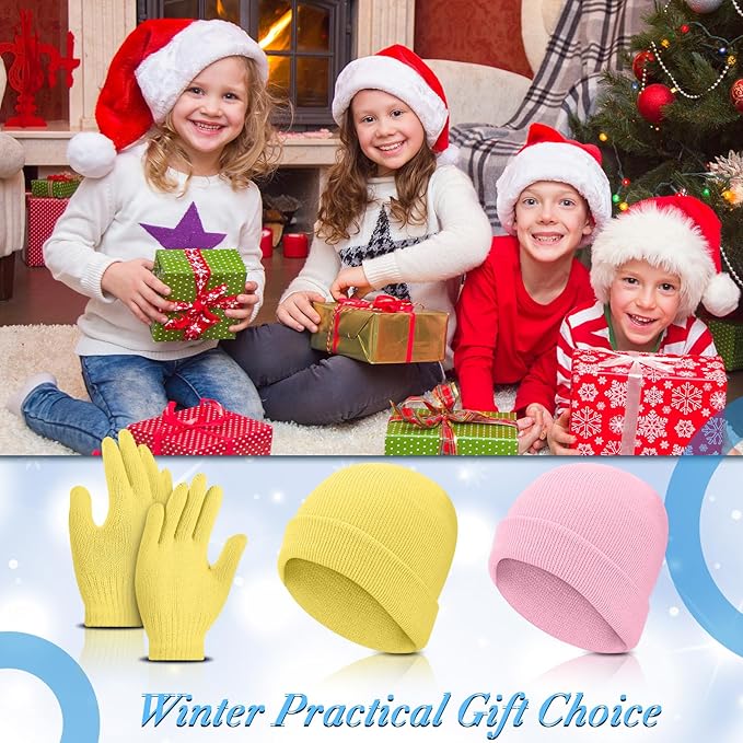 Xtinmee 100 Pcs Kids Winter Beanie and Gloves Bulk Warm Knit Hat Stretchy Full Fingers Gloves Pack Unisex Cold Weather Set