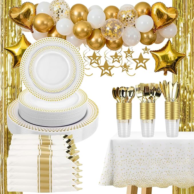 Feagar 175PCS Disposable Plates Set for 25 - Elegant Gold Dinnerware for Party, Wedding, Holiday & Birthday, Includes Dinner & Dessert Plates, Cutlery, Cups, Napkins, Tablecloth & Balloon Decor
