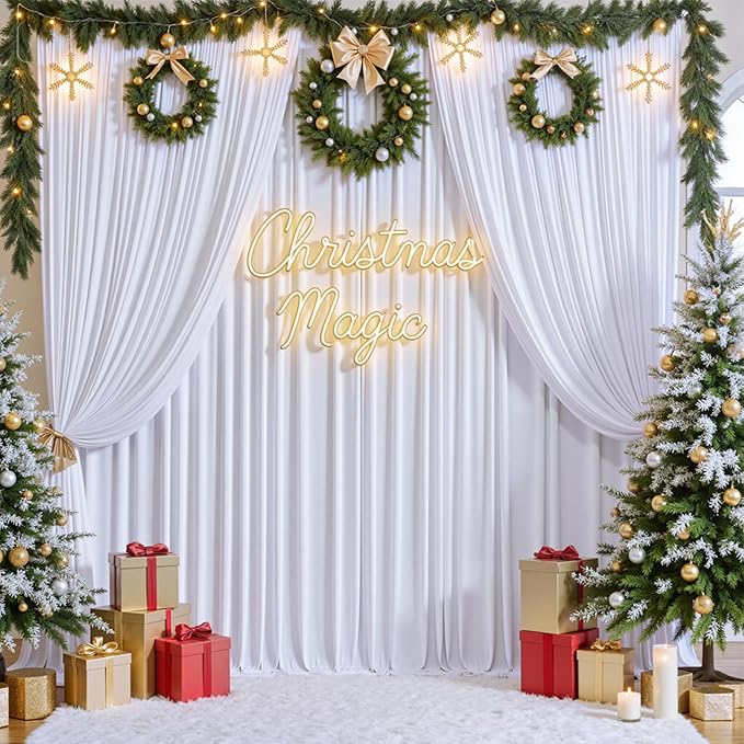 gogoparti 30x12ft White Backdrop Curtain for Wedding Parties, 6 Panels (5x12 ft Each) Wrinkle-Free Dackdrop Curtains, Silky Draping Fabric for Birthday Party, Baby Shower, Photo Background