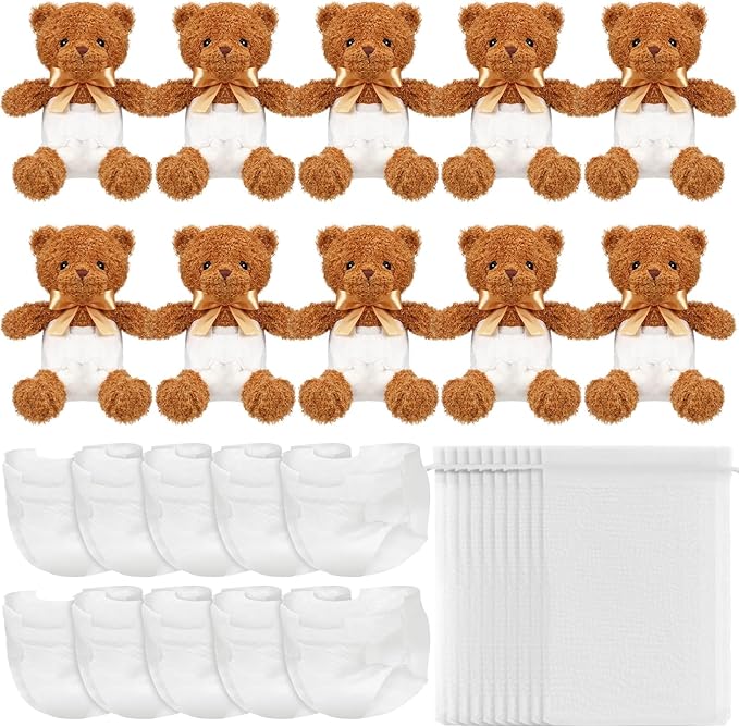 10 Sets Bear Blindfolded Diaper Changing Baby Shower Games Baby Dolls Diapers for Bridal Shower Gender Reveal Games Prizes Gifts for Adults Boys Girls (Dark Brown)