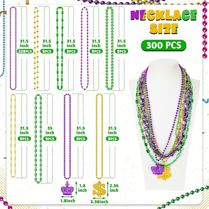300 PCS Purple Gold Green Mardi Gras Beads Bulk, 9 Styles Beads Necklaces Assortment for Mardi Gras Decorations, Mardi Gras Beads Necklaces for Mardi Gras Parade Throws Masquerade Party Accessories