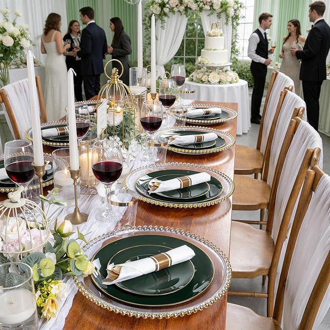 KIRE 175PCS Green Plastic Plates with Gold Rim - Heavy Duty Green Plates Disposable Include 50 Plastic Plate, 25Pre Rolled Napkins 25 Cups For St. Patrick's Day/Party/Wedding