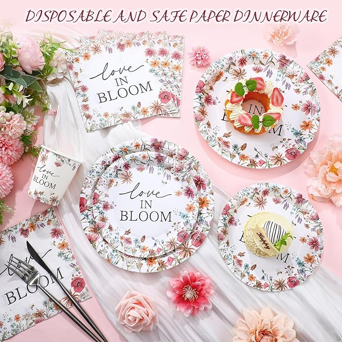 Zhehao 250 Pcs Bridal Shower Plates Napkins Sets 50 Pcs 9'' Dinner Plates 50 7'' Dessert Plate and 9oz Cups 100 Napkins Party Supplies Bridal Shower Decoration (Multicolor,Love in Bloom)