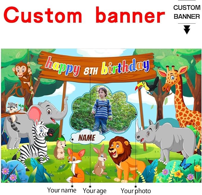 Custom Jungle Safari Happy Birthday Party Decorations Supplies Personalized Jungle Safari Animal Birthday Backdrop Banner(5x7.5ft)