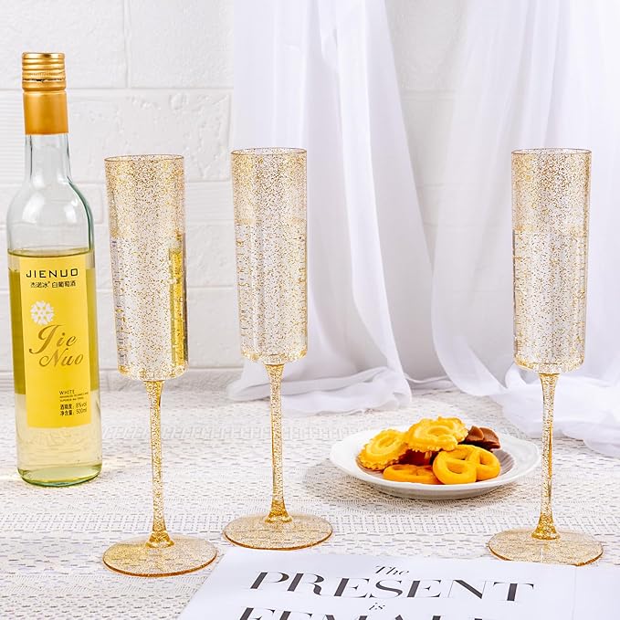 YOUBET 24 Pack Plastic Champagne Flutes - 6 Oz Gold Glitter Disposable Champagne Glasses - Square Plastic Wine Cups Wedding Toasting for Party Birthday Anniversary