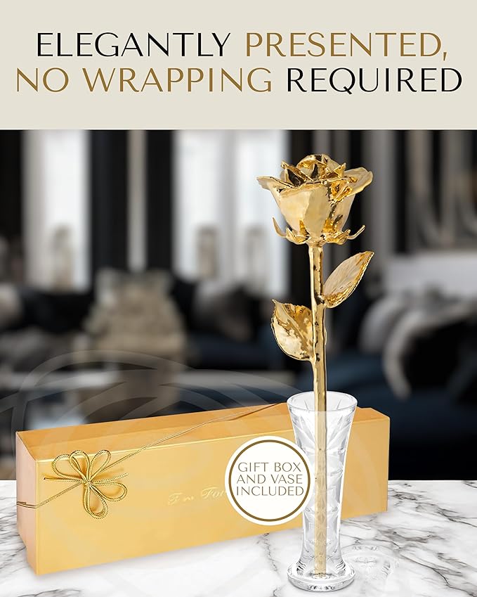 Forever Rose 24K Gold Dipped Real Rose – Handmade, Long-Lasting Preserved Flower in Glass Vase & Gold Box, Romantic Gift for Anniversary, Valentine's, Mother's Day, Birthday, Wedding, Wife, Girlfriend