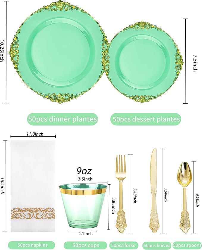 Hioasis 350pcs Green and Gold Plastic Plates - Green Party Plates for 50 Guest, Include 100 Heavy-duty Plates(20% Thicker Than Standard), 150 Cutlery Set, 50 Napkin, 50 Cups
