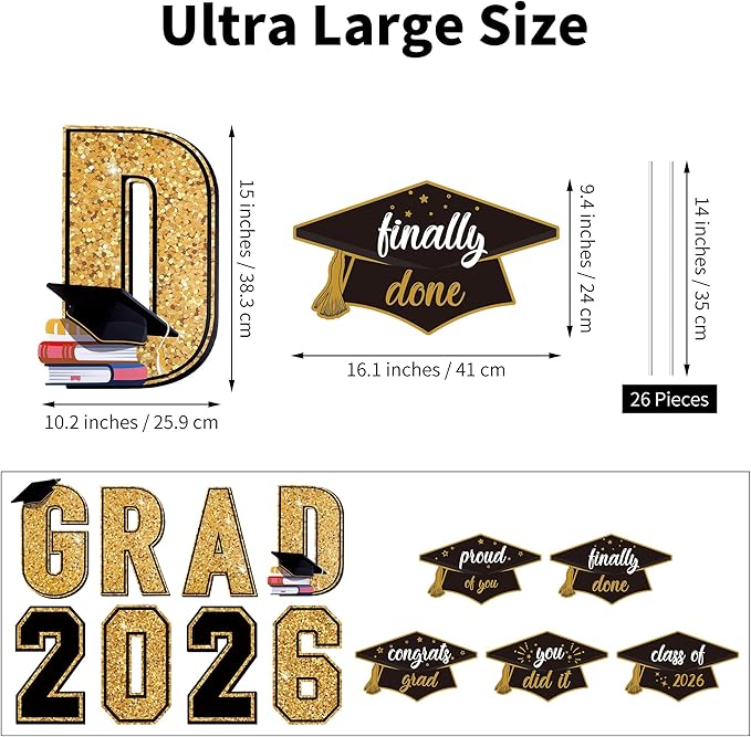 Aneco Waterproof 2026 Grad Yard Signs Plastic Graduation Yard Signs Party Outdoor Lawn Decorations 16 Inches Glitter Congrats Grad with Stakes for Outdoor, Lawn Party Decor (Black and Gold)