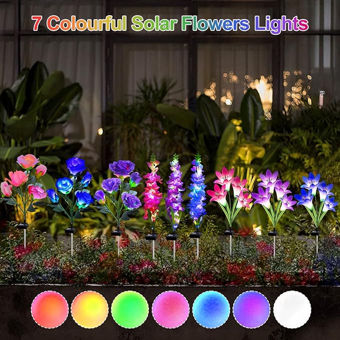 Solar Garden Lights, 6 Pack Solar Flowers Lights with Lily Rose Delphinium, Waterproof Gardening Gifts for Mom Grandma Women,Multi-Color Changing Outdoor Light for Garden Yard Patio Lawn