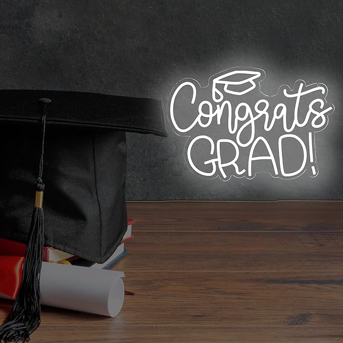 Congrats Grad Neon Sign - 11.3 * 16.7 Inch White Adjustable LED Graduation Decorations for Class of 2026 Party Room Dorm Backdrop Celebration Gifts Graduation Gift