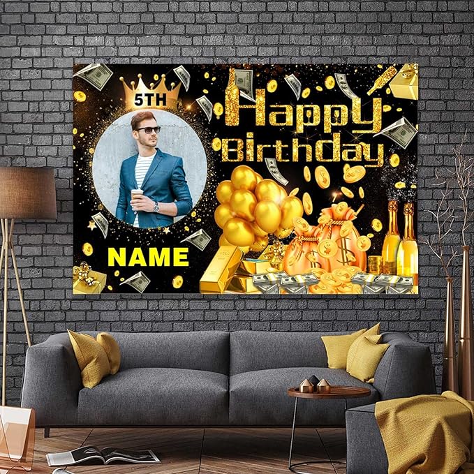 Custom Dollar Money Black and Gold Happy Birthday Party Decorations Supplies Personalized Dollar Money Black and Gold Birthday Backdrop Banner(6x9ft)