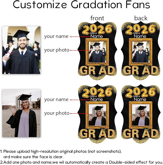 Personalized Graduation Double Sided Face Fan Class of 2026 Customized Graduation Head Face Cutout with Handle Fun Photo Prop Supplies(A-Black and Gold,24pcs)
