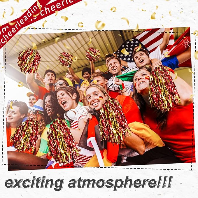 Hanaive 100Pcs Metallic Cheerleading Pom Poms with Baton Handle Cheerleader Pompom Foil 30g Cheering Squad Hand Flowers for Adults Team Spirit Sports Party Cheering