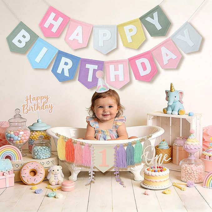 Pastel Macaron Rainbow High Chair Banner Felt Happy Birthday Banner Pre-Strung Birthday Party Decorations For 1st Girl Birthday Backdrop