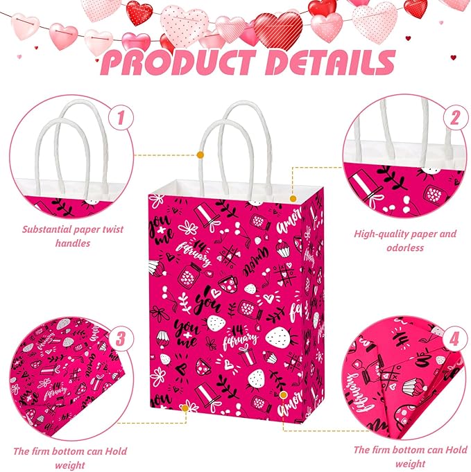 Chivertion 150 Pcs Valentine's Day Gift Bags with Handle Bulk Galentines Heart Paper Goodie Treat Bags for Valentines Galentines Day Party Favors Gift Wrapping Supplies 6 Style, 8 x 6 x 3 Inches