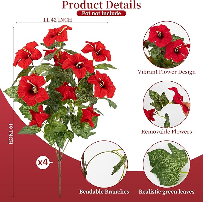 19 Inch Artificial Fake Flowers for Outdoor,4 Pcs Faux Silk Petunias Spring Flowers for Outside for Indoor Porch Planter Front Door Garden Patio Window Box Home Decor(Red)