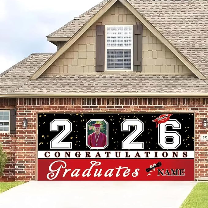 Custom Graduation Garage Door Banner Decoration 7x16ft with Photo Congrats Garage Door Cover 2026 Party Photo Booth Backdrop Party Supplies(Red)
