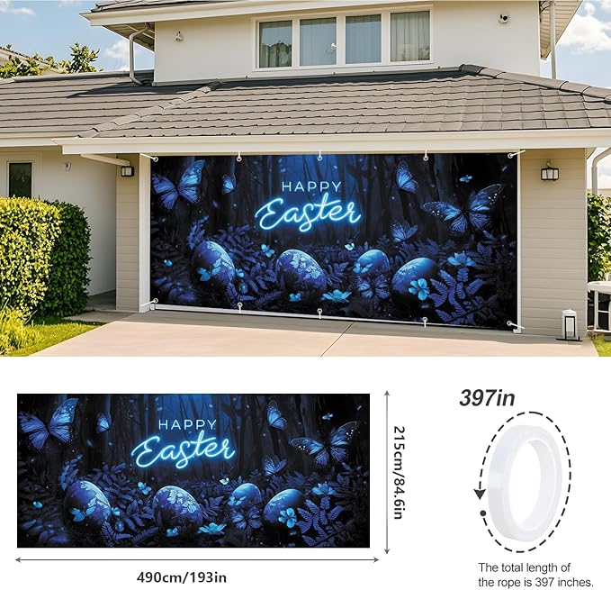 Happy Easter Glowing Banner 7x16FT, Neon Happy Easter Design with Blue Butterflies and Easter Eggs, Spring Holiday Decoration for Yard and Garage