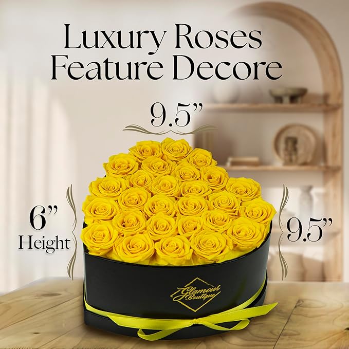 GLAMOUR BOUTIQUE 27 Flower Forever Heart Shape Box, Eternal Preserved Roses Gift for Her, Lasting Flowers, Premium Floral Heart Box for Birthday, Anniversary or Valentine’s Day, Yellow (Color-Treated)