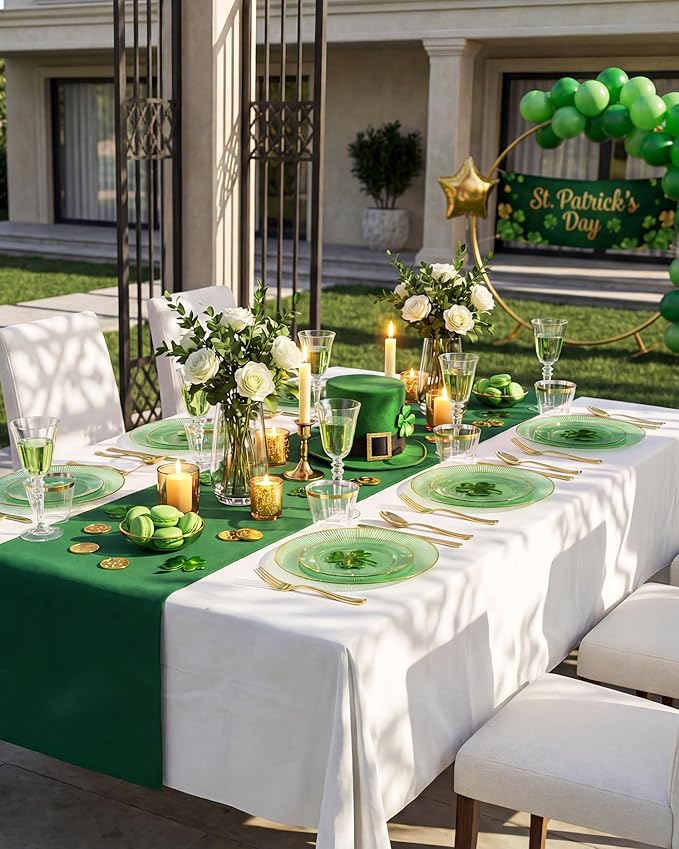 Hioasis 60pcs Green and Gold Plastic Plates - Green Disposable Dinnerware Set, 30pcs Dinner 10.25in & 30pcs Dessert 7.5in Plates with Striped Designs for Party & St. Patrick's Day