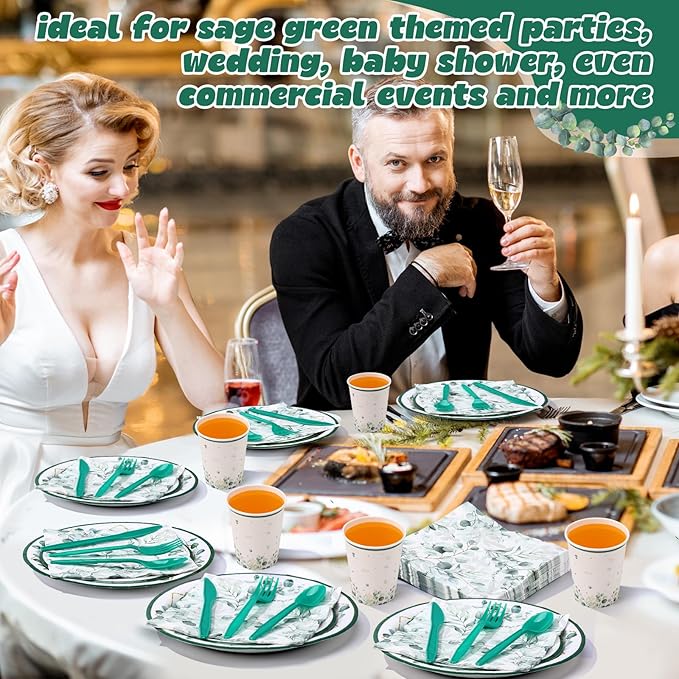 400 Pcs Sage Green Color Party Supplies Serve 50 Guests Eucalyptus Flowers Disposable Paper Plates Napkins and Cups for Bridal Baby Shower Birthday Wedding Party Decorations(Fresh)