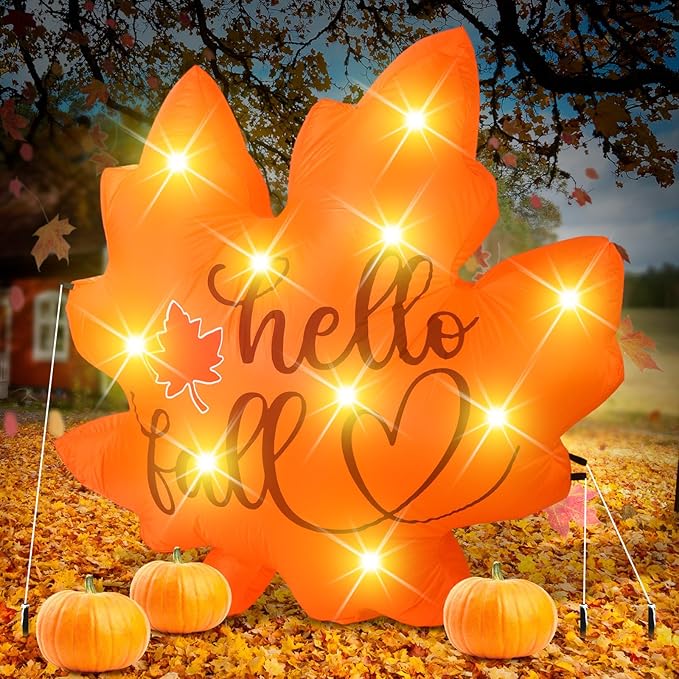 VIHOSE Thanksgiving Inflatable Decorations 5. 25 ft Fall Blow up Decor Fall Maple Leaves LED Lights Inflatable Decoration for Autumn Harvest Indoor Outdoor Yard Garden Lawn Party