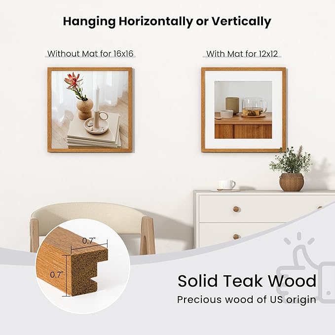 Axeman 16x16 Picture Frame with Mat for 12x12 - Solid Teak Wood Square Picture Frame with Tempered Glass, Wooden Square Photo Frame 16''x16'' for Art Photo and Prints, Hook Included, Natural Teak