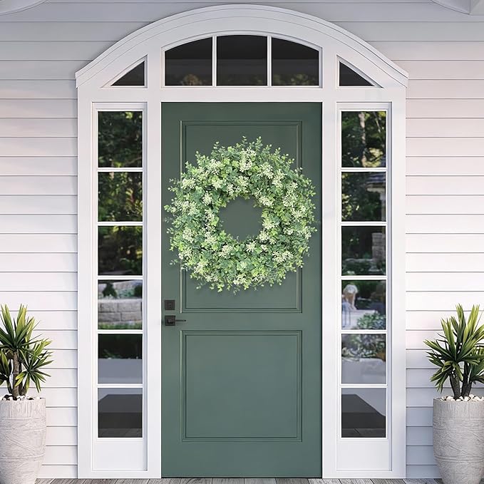 26IN Large Boxwood Wreath for Front Door Green Faux Wreaths Spring Summer Artificial Boxwoods Leaves Door Wreath with White Seeds Greenery Outdoor Indoor Window Porch Wall Home Door Decor All Season
