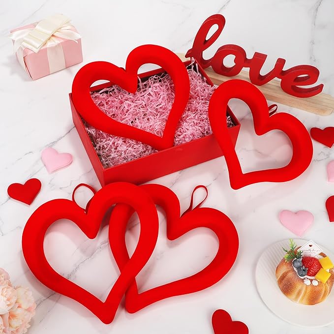 Aneco 6 Pieces Valentine‘s Day 3D Velvet Heart Hanging Ornament 9.45 Inch Foam Heart Wreaths for Valentine‘s Day Wedding Anniversary Front Door Home Decor, Red
