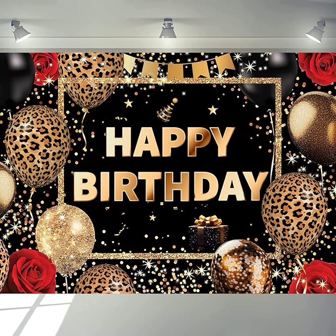 8X10FT Happy Birthday Background Gold Glitter Flash Black Leopard Print Balloon Photo Background Party Decoration Cake Table Banner Wall Decoration Photo Shooting Props Supplies 100