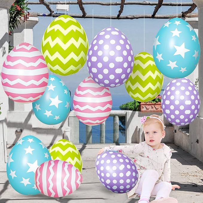 12 PCS Inflatable Easter Eggs Decorations - Large PVC Colorful Egg Easter Inflatable Outdoor Ornaments Decorations for Holiday Party, Yard, Home, Indoor & Outdoor(16 Inch, 24 Inch)