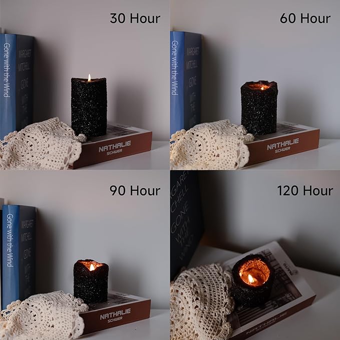 MOZEAL Hand-Poured Granular Texture Decorative Black Pillar Candles Set of 3 (3"x4", 5", 6"),Approx 300 Hours Burn Time Dripless, Unscented, Smokeless, for Halloween