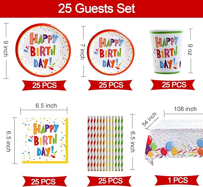 275 PC Colorful Birthday Party Decorations for Boy, Girl- Rainbow Party Supplies, Happy Birthday Banner, Balloons Garland Arch Kit Tablecloth Honeycomb Cake Topper Plates Cups Napkins Straws, 25 Guest