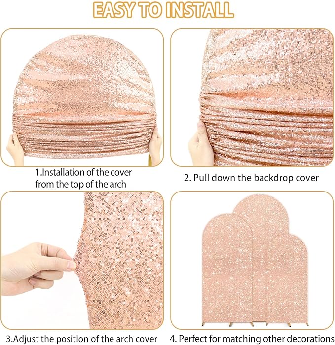 FUHSY Rose Gold Arch Cover Set of 3 Spandex Arch Stand Cover 6ft 5ft 4ft Chiara Backdrop Covers for Balloon Arch Stands Sequin Wedding Arch Cover Party Arch Backdrop Frame Cover for Birthday Decor