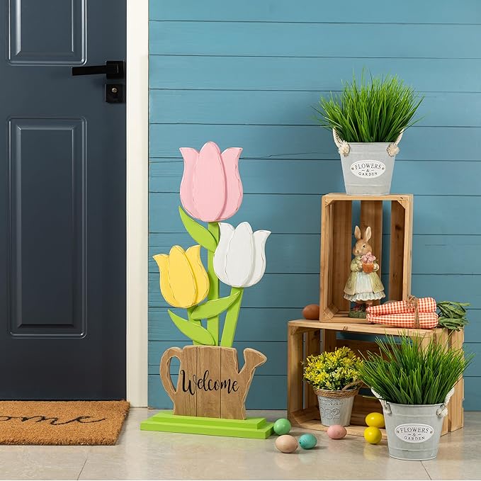 Glitzhome 30"H Easter Wooden Tulip Porch Decor,Standing Decorative Signs for Front Porch Farmhouse Outdoor Spring Easter Party Decor