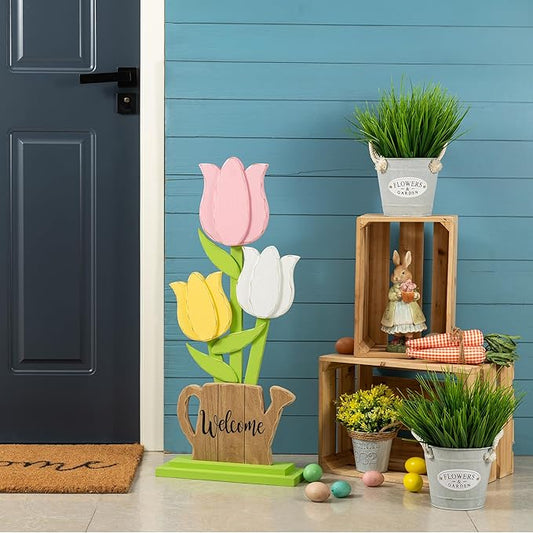 Glitzhome 30"H Easter Wooden Tulip Porch Decor,Standing Decorative Signs for Front Porch Farmhouse Outdoor Spring Easter Party Decor