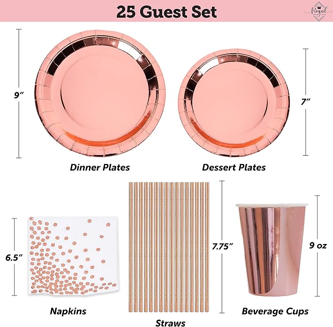225 PC Rose Gold Birthday Party Decorations Kit for Girls, Teens, Women - Happy Birthday Banner, Curtains, Table Runner, Balloons, Sash, Tiara, Cake Topper, Plates, Cups, Napkins, Straws for 25 Guests