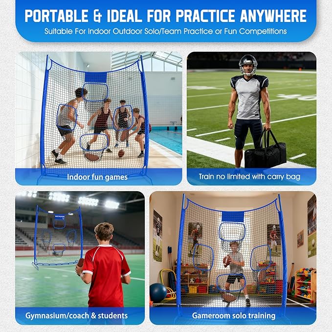Football Throwing Net, Upgrade Heavy Duty Metal Frame Quarterback Training Equipment Throwing Machine with 1-4 Targets, Easy Setup Football Target Practice with CarryBag, Allweather Indoor Outdoor Use