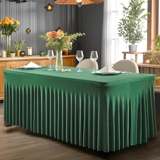 2 Packs Green Table Clothes for 8 Foot Rectangle Tables, Wrinkle Resistant Stretch Spandex Table Covers Fitted Tablecloth with Skirt for Easter Event Banquet Wedding Birthday Party