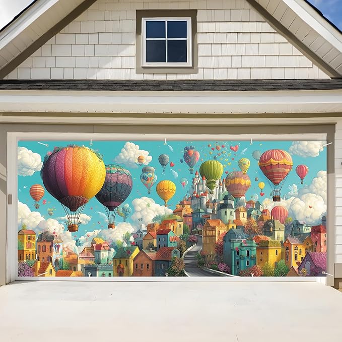 Hot Air Balloon Fantasy Garage Door Banner 7x16FT, Colorful Balloon & Sky City Garage Door Cover, Vibrant Outdoor Decoration for Spring & Summer