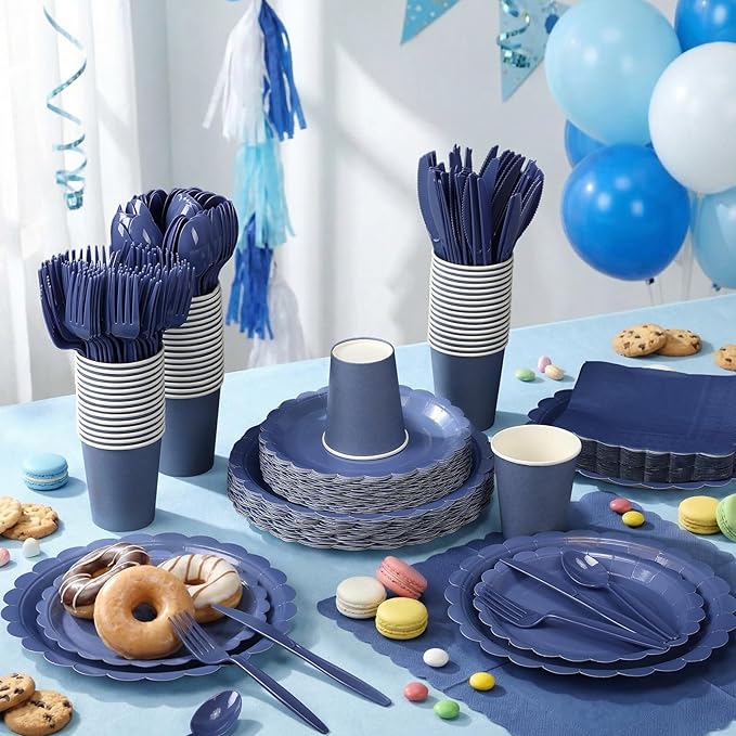 350 Pcs Navy Blue Plates and Napkins, 50 Guest Graduation Party Supplies Include Scalloped Paper Plates Napkins Cups Plastic Spoons Forks Knives Disposable Tableware Set for School Graduate