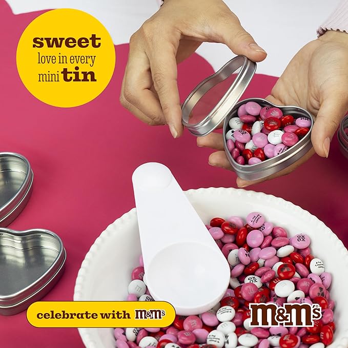 M&M’S Valentine's Day Chocolate Gift Kit, 2lb Red Pink White M&M'S with Messages, 20 Heart-Shaped Silver Tins for Personalized Candy Favors, Galentine’s Gifts, Party Favors, Office Candy Treat Bags