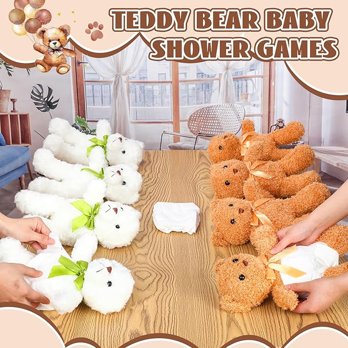 8 Sets Bear Blindfolded Diaper Changing Baby Shower Games Baby Dolls Diapers for Bridal Shower Gender Reveal Games Prizes Gifts for Adults Boys Girls (Brown,White)