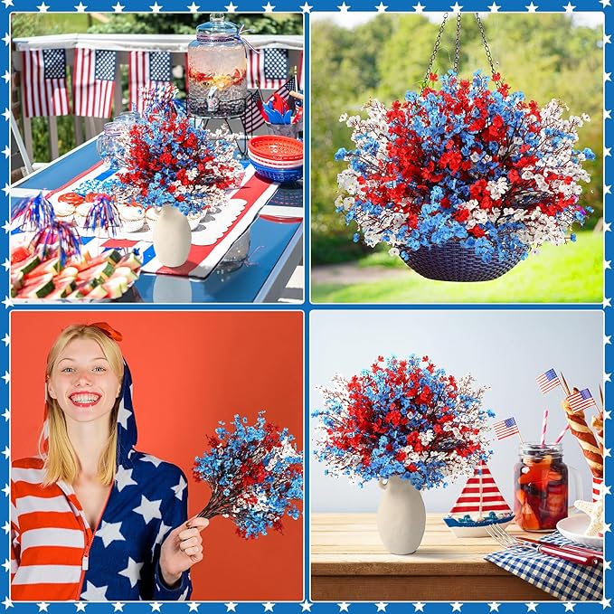 Lyrow 24 Pcs Red Blue White Artificial Flowers Patriotic Table Centerpieces Decoration Fake Babys Breath Picks Stems Floral Arrangement for 4th of July Veterans Independence Memorial Day Home Outdoor