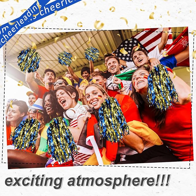 Hanaive 100Pcs Metallic Cheerleading Pom Poms with Baton Handle Cheerleader Pompom Foil 30g Cheering Squad Hand Flowers for Adults Team Spirit Sports Party Cheering